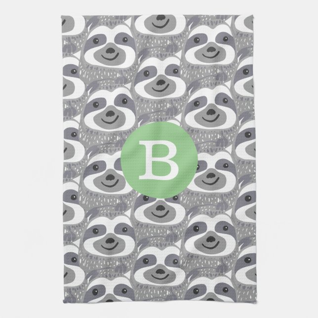 Trendy Grey Sloth Doodles | Monogram Tea Towel (Vertical)
