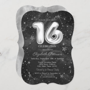 Trendy Grey Stars Sweet 16  Invitation