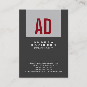 Trendy Grey Stripe Red Monogram Business Card