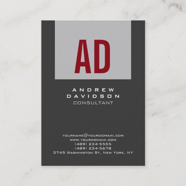 Trendy Grey Stripe Red Monogram Business Card (Front)