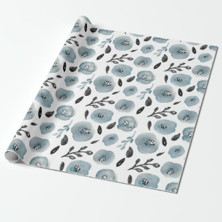Trendy Grey Watercolors Flowers Wrapping Paper