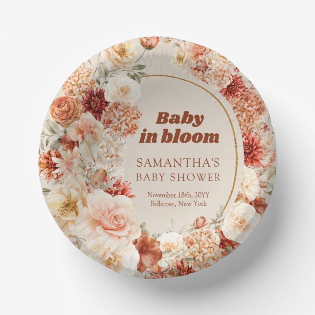 Trendy groovy copper rusty burgundy Baby Shower Paper Plate (Front)
