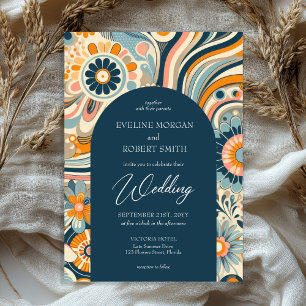 Trendy groovy flowers navy orange blue arch invitation