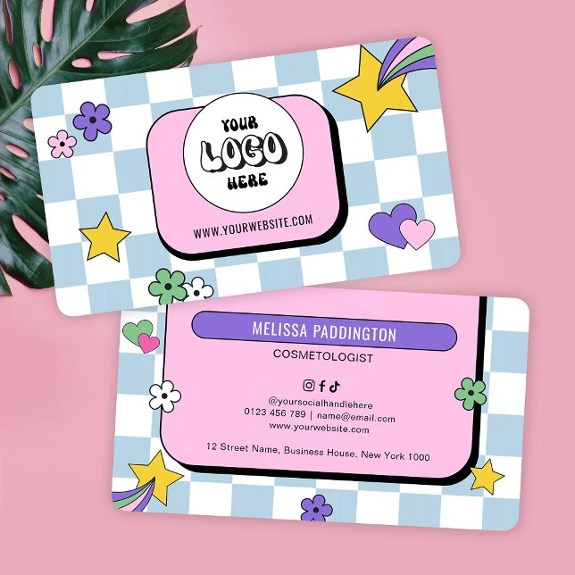 Trendy Groovy Logo Retro Blue Hairstylist Salon Business Card (Trendy groovy pink + blue business cards with retro font and pink checkered background and your logo)