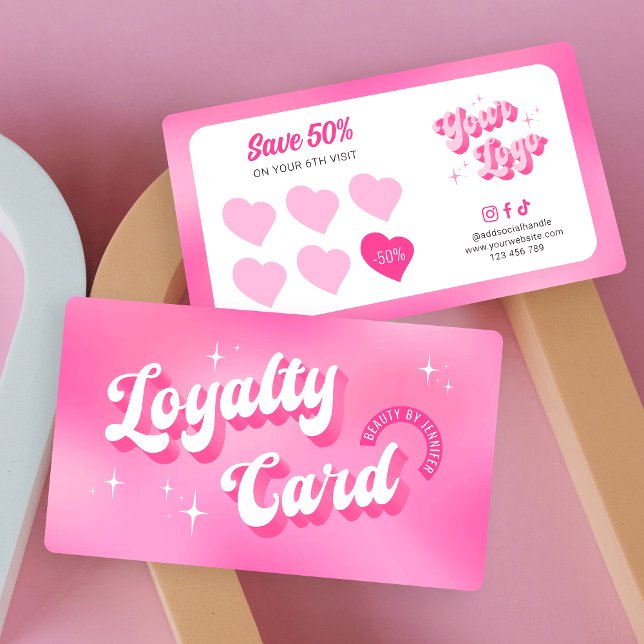 Trendy Groovy Retro Pink Beauty Spa Nails Lashes Loyalty Card (Trendy retro business loyalty cards in girly pink with space for your logo and custom rewards offer)