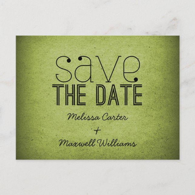 Trendy Grunge Save the Date Postcard, Green Announcement Postcard (Front)
