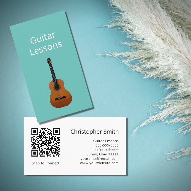 Trendy Guitar Lessons QR code Music Teacher Teal Business Card (Creator Uploaded)