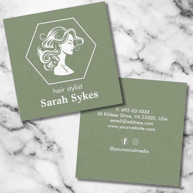 Trendy hair stylist hairdresser custom sage green square business card (Creator Uploaded)