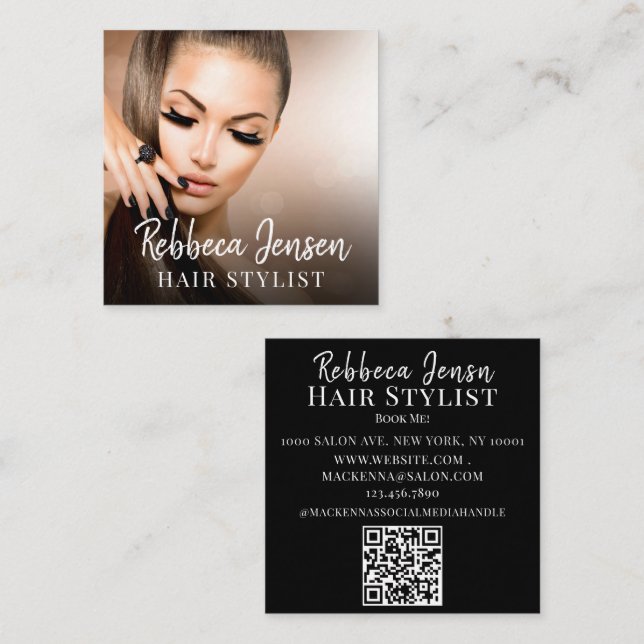 Trendy hair stylist white script hairdresser photo square business card (Front/Back)
