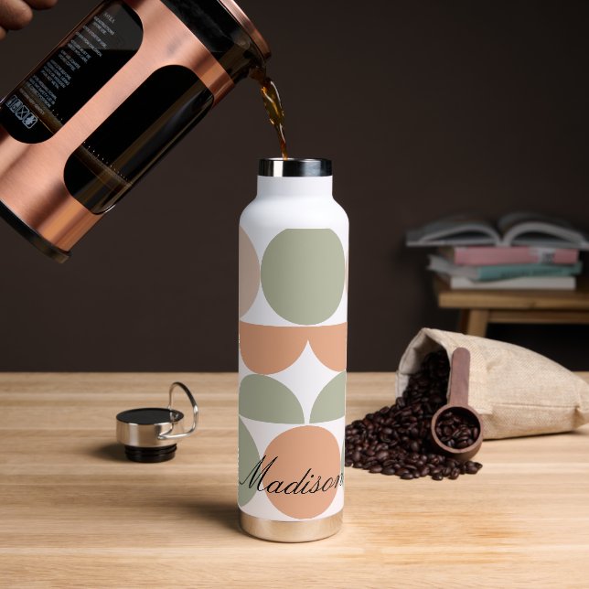 Trendy Half Moon Pattern With Name Block Custom Water Bottle (Coffee)