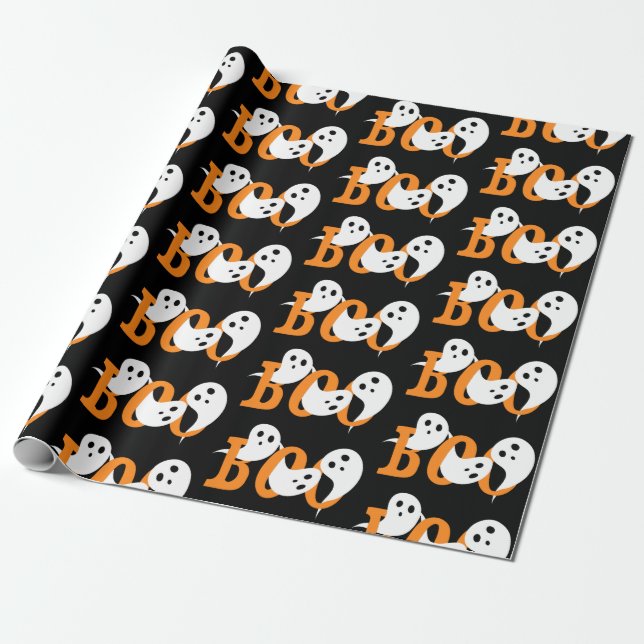 Trendy Halloween Boo Ghosts Black Wrapping Paper (Unrolled)