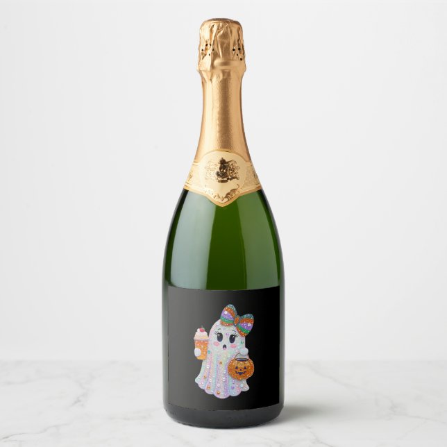 Trendy Halloween Rhinestones Ghost Sparkling Wine Label (Front)