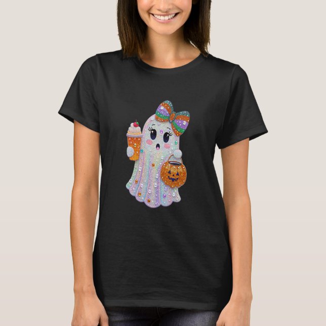 Trendy Halloween Rhinestones Ghost T-Shirt (Front)