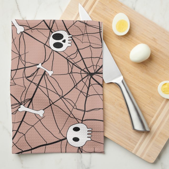 Trendy Halloween Skulls , Bones and Web Tea Towel (Quarter Fold)