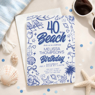 Trendy Hand Drawn Doodle 40 Is A Beach Birthday Invitation