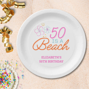 Trendy Hand Drawn Doodle 50th Beach Birthday Paper Plate