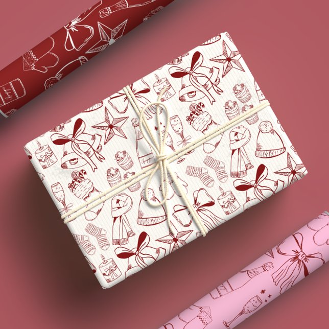 Trendy Hand Drawn Monochrome Red & White Xmas Wrapping Paper Sheet (Creator Uploaded)