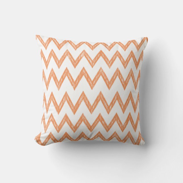 Trendy Hand Drawn Orange and White Chevron Zigzags Cushion (Front)