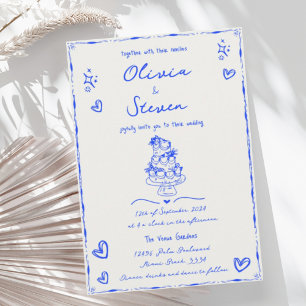 Trendy Hand Drawn Quirky Scribble Blue Wedding Invitation