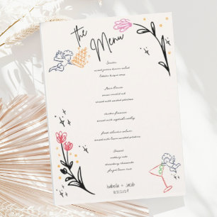 Trendy Hand Drawn Wildfower Wavy Squiggle Wedding Menu