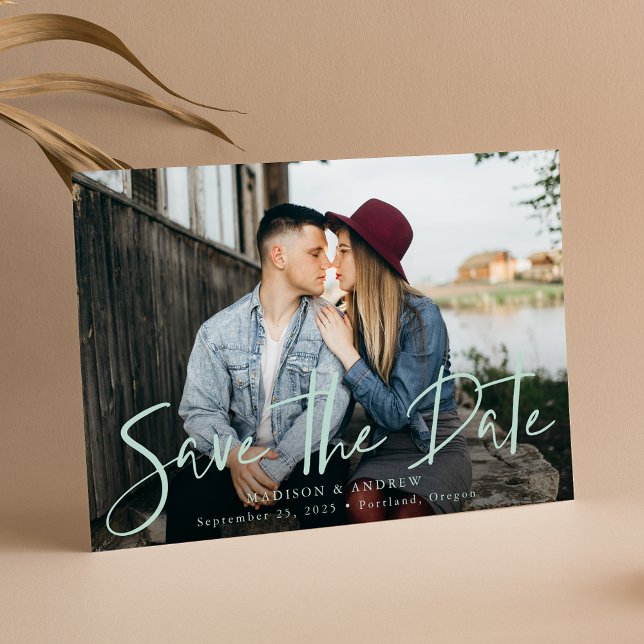 Trendy Handwritten Mint Green Script Photo Save The Date (Creator Uploaded)