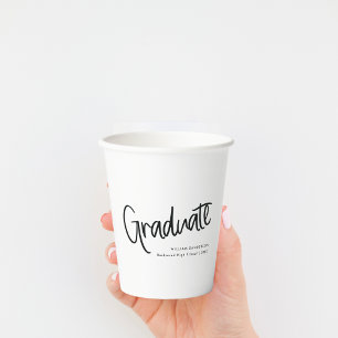 Trendy Handwritten Script Black & White Graduation Paper Cups