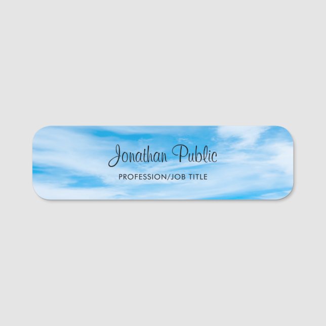 Trendy Handwritten Script Name Blue Sky Clouds Tag (Front)