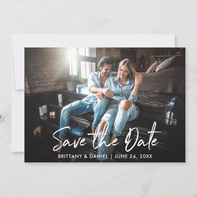 Trendy Handwritten Script Save the Date Photo Card (Front)