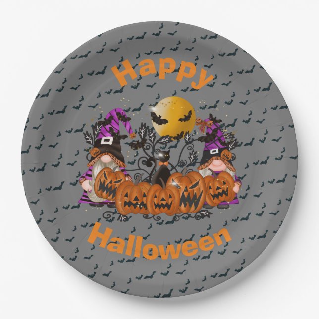 Trendy Happy Halloween Grey Gnome Paper Plate (Front)