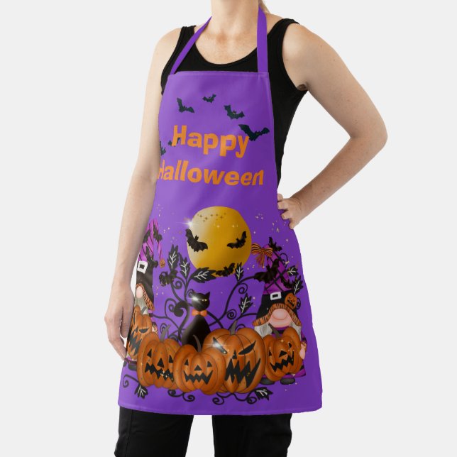 Trendy Happy Halloween Purple Gnome Apron (Insitu)