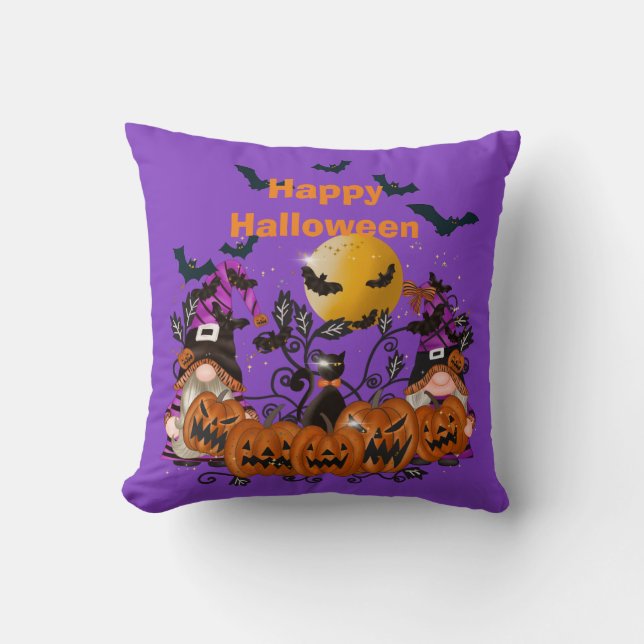 Trendy Happy Halloween Purple Gnome Cotton 16"X16 Cushion (Front)