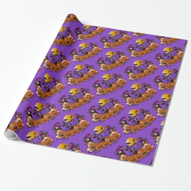 Trendy Happy Halloween Purple Gnome Wrapping Paper (Unrolled)