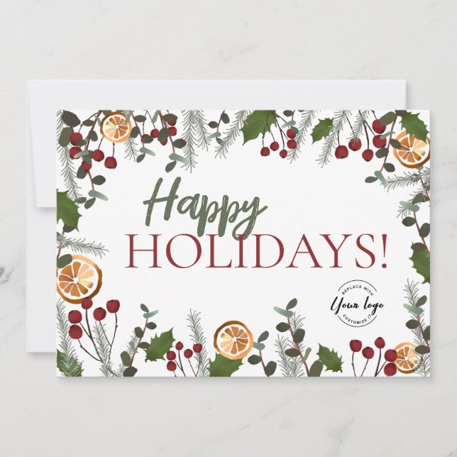 Trendy Happy Holidays Christmas Foliage Your Logo  Holiday Card (Front)