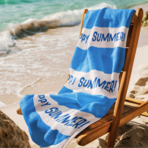 Trendy Happy Summer Blue & White Wide Stripe Beach Towel