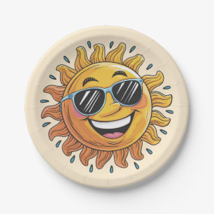 Trendy Happy Yellow Sun with Sunglasses   Paper Plate