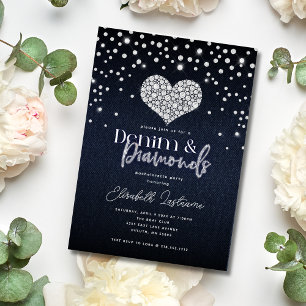 Trendy Heart Denim and Diamonds Bachelorette Party Invitation