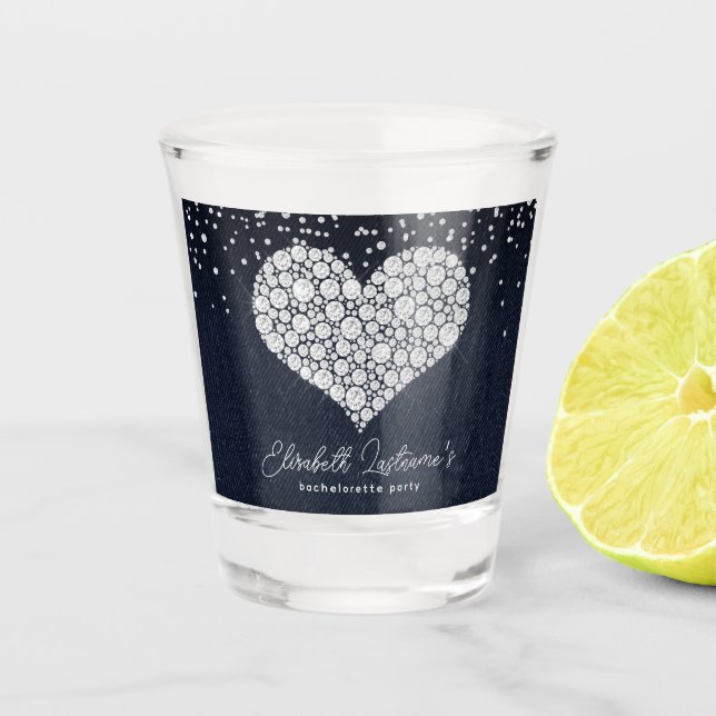 Trendy Heart Denim and Diamonds Bachelorette Party Shot Glass (Front)