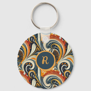 Trendy Hip Retro Orange Deep Teal Swirls Monogram Key Ring