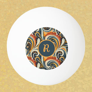 Trendy Hip Retro Orange Deep Teal Swirls Monogram Ping Pong Ball