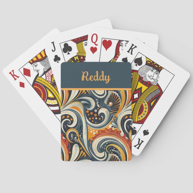 Trendy Hip Retro Orange Deep Teal Swirls Monogram  Playing Cards (Back)