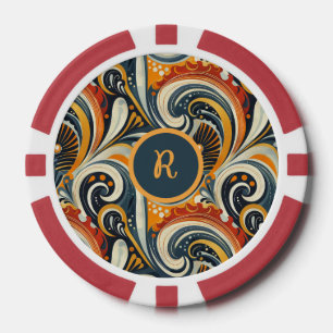Trendy Hip Retro Orange Deep Teal Swirls Monogram Poker Chips
