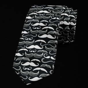 Trendy Hipster Black and White Moustache Pattern Tie