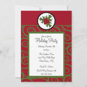 Trendy Holly Swirl  Holiday Party Invitation