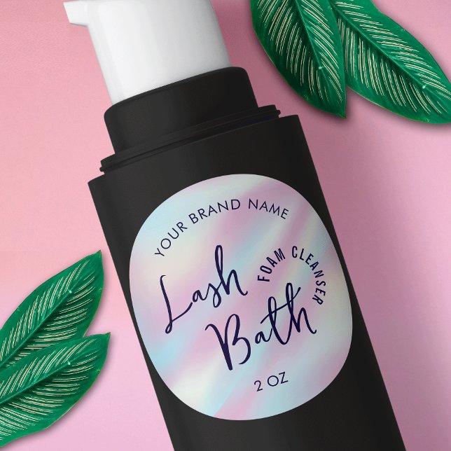Trendy Holographic Girly Lash Bath Cleanser Label (Trendy girly holographic effect lash bath bottle round label)