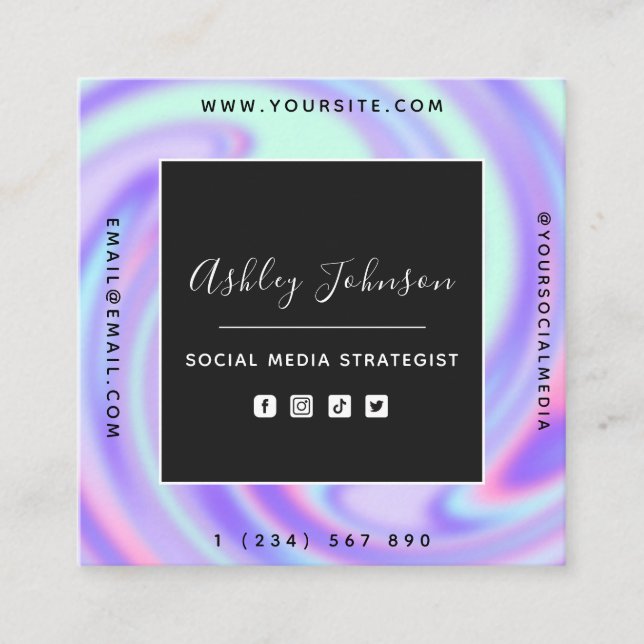 Trendy Holographic Gradient Social Media QR Code Square Business Card (Front)