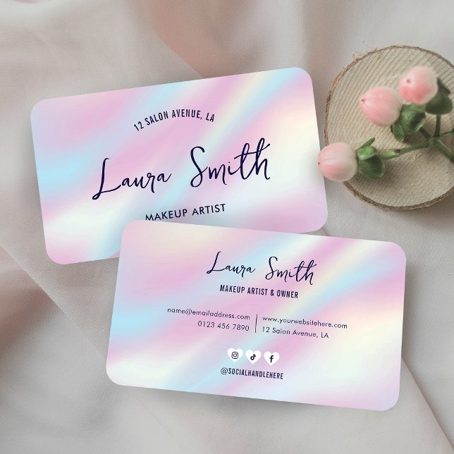 Trendy Holographic Hairstylist Nails Beauty Salon Business Card (Girly holographic effect business card design with trendy script font and modern layout)