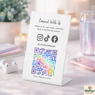 Trendy Holographic QR Code Connect With Us Pedestal Sign