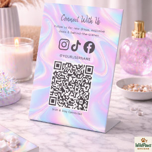 Trendy Holographic QR Code Connect With Us Pedestal Sign