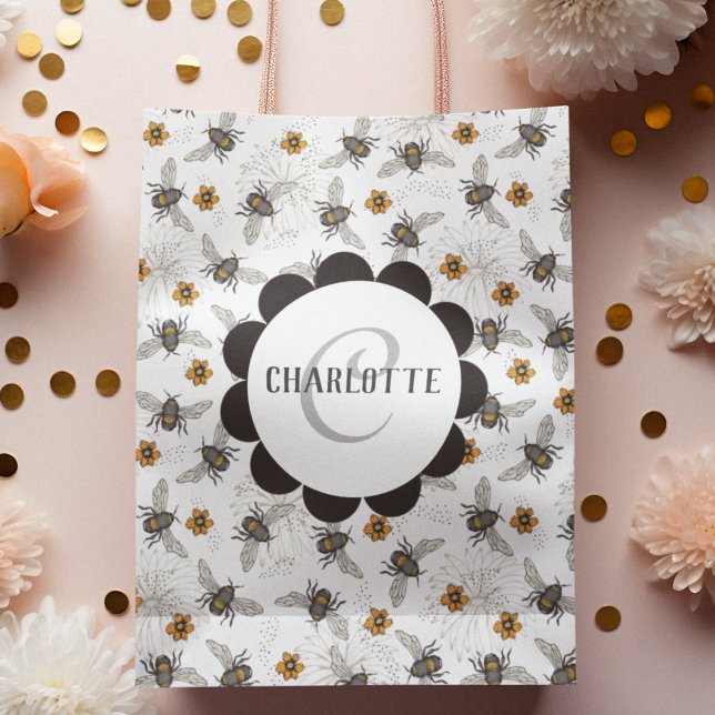 Trendy Honeybee & Flower Medium Gift Bag (Beautiful happy bees dancing around yellow Cosmos flowers. Ideal for Baby Showers, New Baby, B-days)