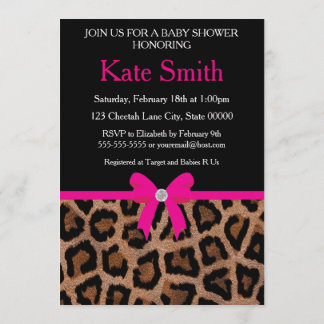 Trendy Hot Pink and Black Leopard Bow Baby Shower Invitation